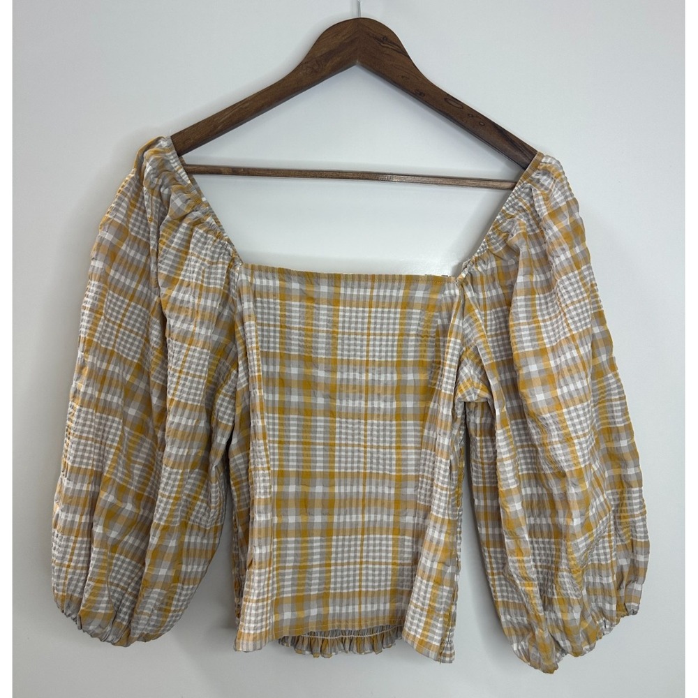 Maeve Anthropologie Gingham Plaid Smocked Puff Sleeve Ruffle Top XS Square Neck - Picture 13 of 13